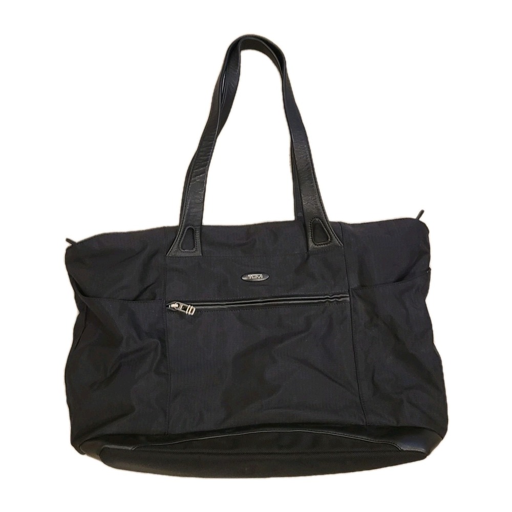 Tumi Black Nylon Tote Bag Travel Carry On Shoulder Bag Zip Top Leather Trim